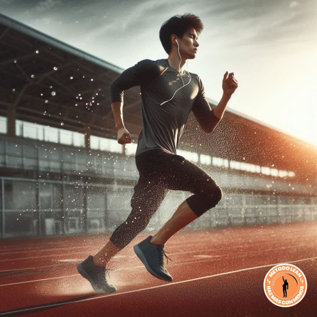 Imagen de un hombre joven haciendo running con un equipamiento básico en una pista de atletismo.