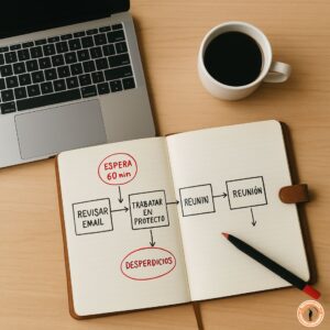 Escritorio minimalista con MacBook, café y cuaderno abierto mostrando un mapa de flujo de valor (VSM) con espera de 60 minutos marcada en rojo.