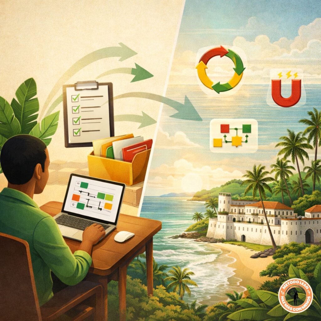 Una composición dividida visualmente en dos partes integradas. A la izquierda, una persona sentada en una mesa ordenada con un portátil, una lista de verificación (checklist) y documentos organizados en carpetas etiquetadas. De la lista emergen flechas suaves que conectan con la derecha, donde se representa un paisaje de Ghana: costa con castillos históricos, vegetación tropical y el horizonte marino. Sobre el paisaje, pequeñas iconografías Lean (como flechas circulares de mejora continua, un imán de “pull” y un flujo de trabajo) integradas de forma sutil. Colores cálidos, estilo moderno y limpio, con acentos en rojo, verde y amarillo. Transmite organización, fluidez y conexión entre la preparación y el destino.