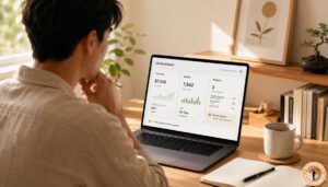 Persona revisando un dashboard de vida personal con métricas de finanzas, salud y proyectos, con una alerta activa en un proyecto retrasado.