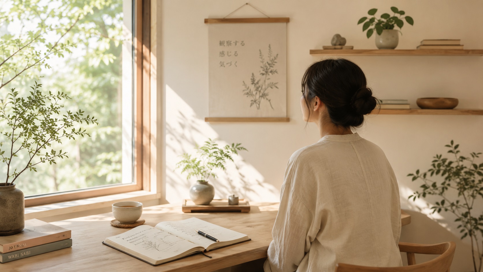 Persona sentada de espaldas en un escritorio minimalista de estilo japonés, con un cuaderno abierto y una taza de té, observando conscientemente su entorno como práctica de Gemba Walk personal.