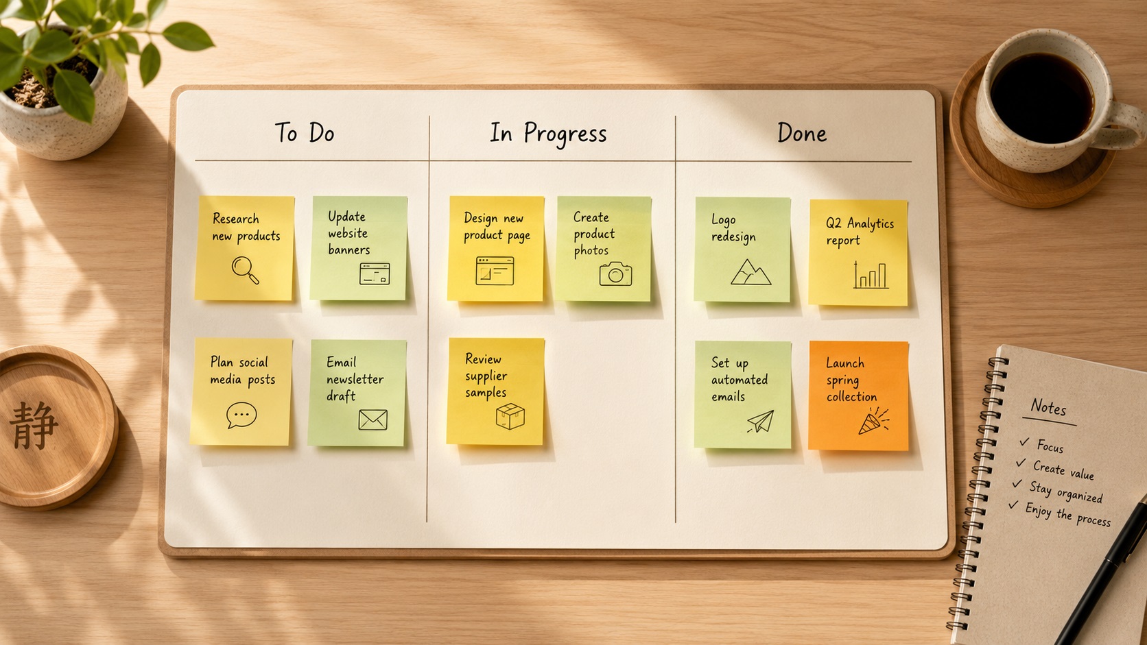 Tablero Kanban personal con tres columnas —To Do, In Progress y Done— con notas adhesivas de colores sobre un escritorio de madera, junto a un cuaderno de notas y una taza de café.