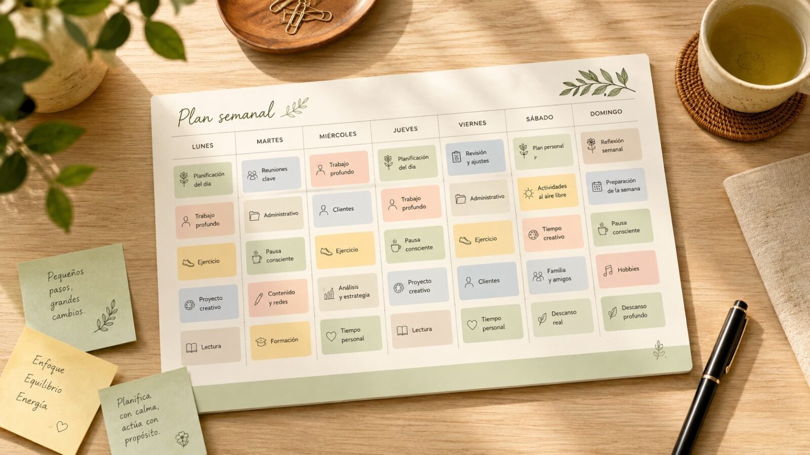 Vista cenital de una agenda semanal con bloques de tareas distribuidos de forma equilibrada entre los días de la semana, sobre un escritorio de madera de estilo minimalista japonés.