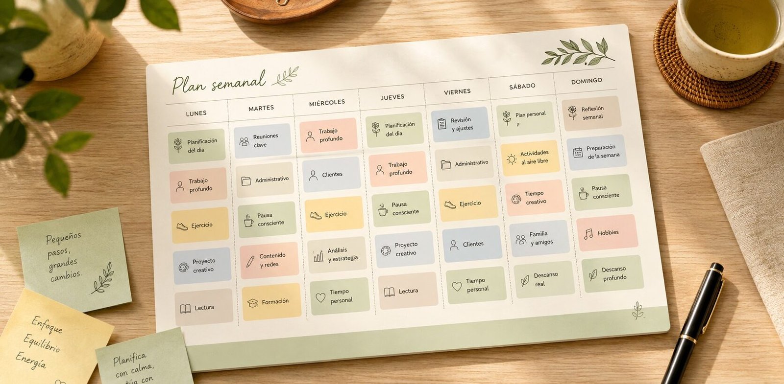 Vista cenital de una agenda semanal con bloques de tareas distribuidos de forma equilibrada entre los días de la semana, sobre un escritorio de madera de estilo minimalista japonés.