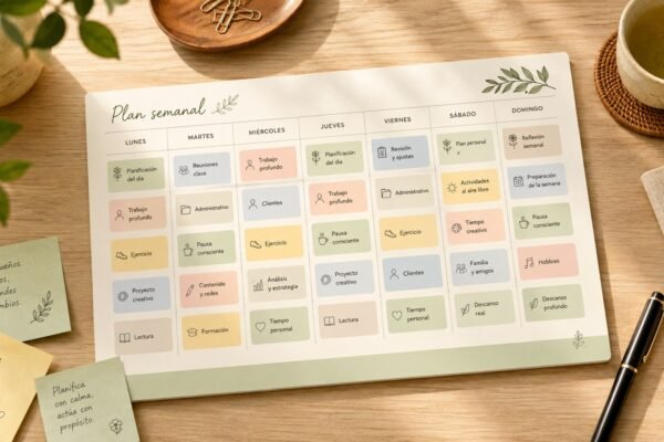 Vista cenital de una agenda semanal con bloques de tareas distribuidos de forma equilibrada entre los días de la semana, sobre un escritorio de madera de estilo minimalista japonés.